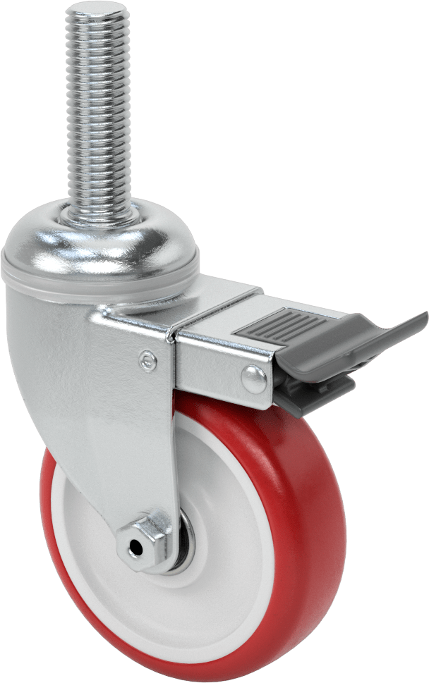 Tam Kilitli Dişli Saplı Tekerlek, 3/4“-10 Dişli x 2-1/2” Uzunluk, 4" Çaplı Poliüretan Tekerlek