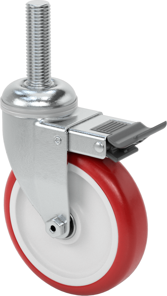 Tam Kilitli Dişli Saplı Tekerlek, 3/4“-10 Dişli x 2-1/2” Uzunluk, 5" Çap Poliüretan Tekerlek