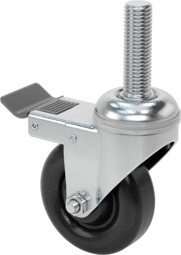 Tam Kilitli Dişli Saplı Tekerlek, 3/4“-10 Dişli x 2-1/2” Uzunlukta Mil, 3-1/2" Çapında Polipropilen Tekerlek