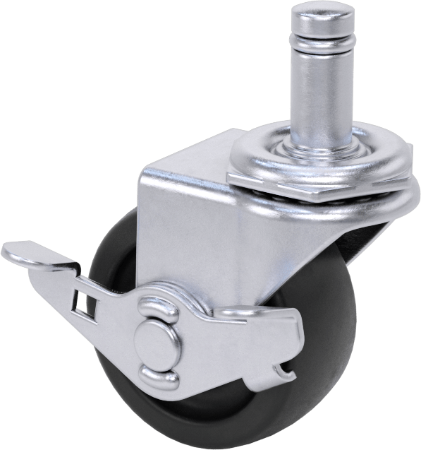 Tutuş Halkalı Sürtünmeli Tutuşlu Saplı Tekerlek, Frenli ve 2“ Çapında x 7/8” Genişliğinde 80D Kauçuk Tekerlekli Döner Tekerlek