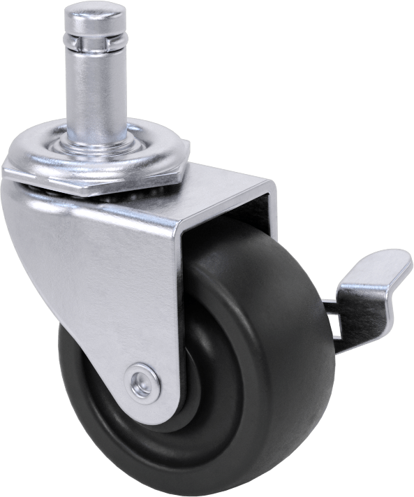 Tutuş Halkalı Sürtünmeli Tutuşlu Saplı Tekerlek, Frenli ve 2“ Çapında x 7/8” Genişliğinde 80D Kauçuk Tekerlekli Döner Tekerlek