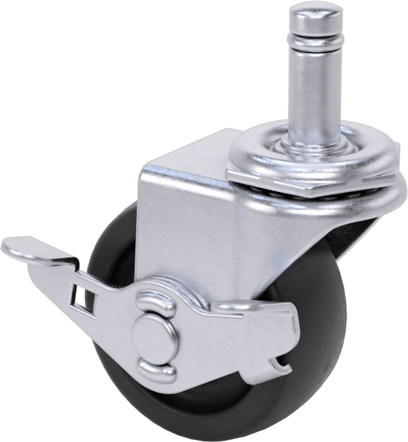 Tutuş Halkalı Sürtünmeli Tutuşlu Saplı Tekerlek, Frenli ve 2“ Çapında x 7/8” Genişliğinde 75A Kauçuk Tekerlekli Döner Tekerlek