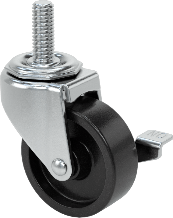Dişli Saplı Döner Tekerlek, Frenli, Düşük Profil, 3/8"-16, 2" Çaplı Polipropilen Tekerlek, 1" Uzunluk
