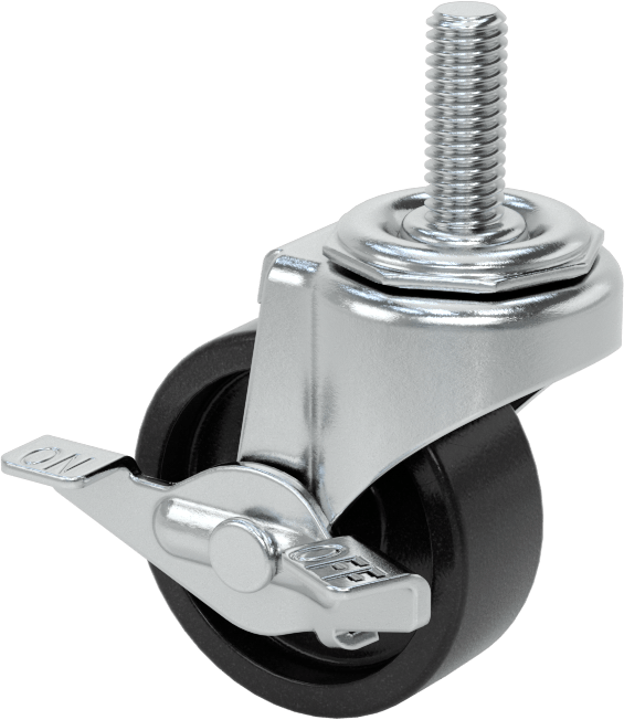 Dişli Saplı Döner Tekerlek, Frenli, Düşük Profil, 3/8"-16, 2" Çaplı Polipropilen Tekerlek, 1" Uzunluk