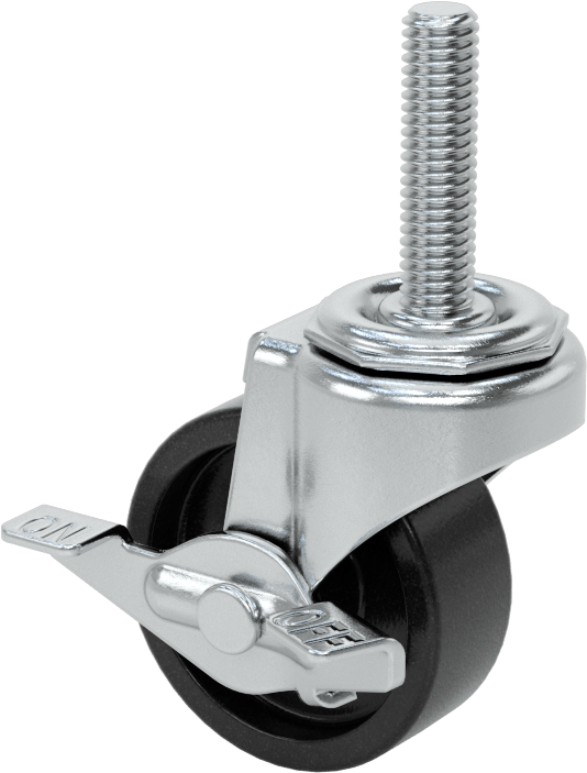 Dişli Saplı Döner Tekerlek, Fren, Düşük Profil, 3/8"-16, 2" Çaplı Polipropilen Tekerlek, 1,5" Uzunluk