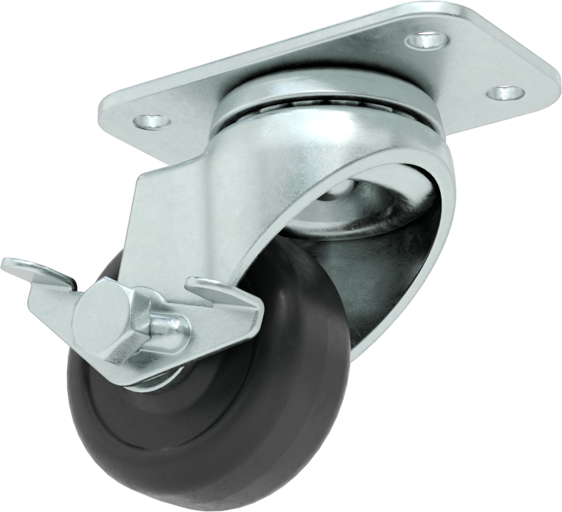 3“ x 1-3/4” Plakalı Mighty-Lite Tekerlek, Frenli ve 2" Çaplı 70A Durometre Kauçuk Tekerlekli Döner