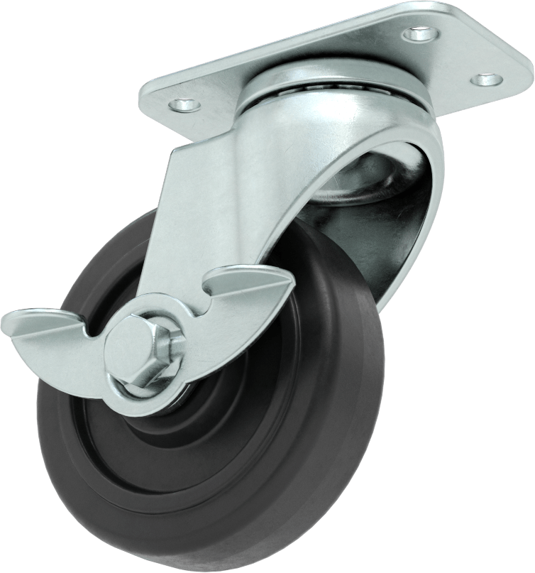 3“ x 1-3/4” Plakalı Mighty-Lite Tekerlek, Frenli ve 3" Çapında 70A Durometreli Kauçuk Tekerlekli Döner Tekerlek
