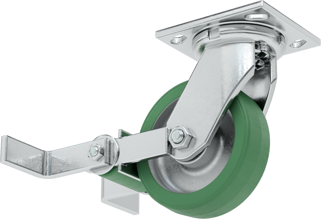 4-1/2“ x 4” Plakalı Yüksek Kapasiteli Spartan Tekerlek, Frenli Döner Tekerlek, 5“ x 1-1/2” Açık Rulmanlı Poliüretan Tekerlek