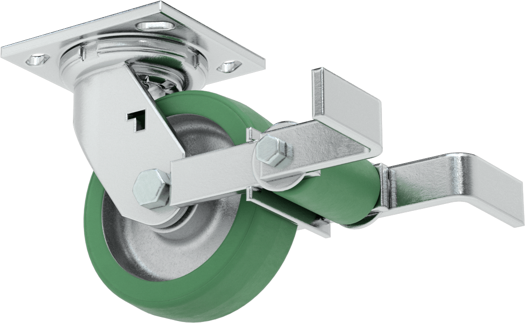 4-1/2“ x 4” Plakalı Yüksek Kapasiteli Spartan Tekerlek, Frenli Döner Tekerlek, 5“ x 1-1/2” Açık Rulmanlı Poliüretan Tekerlek