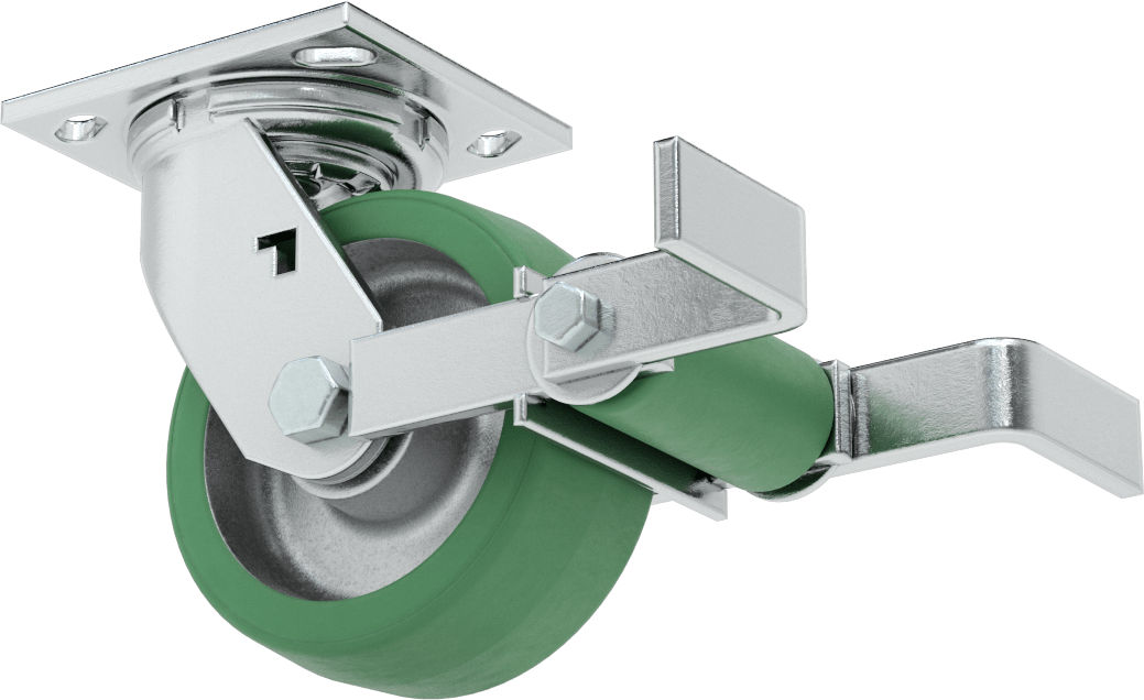 4-1/2“ x 4” Plakalı Yüksek Kapasiteli Spartan Tekerlek, Frenli Döner Tekerlek, 5“ x 2” Açık Rulmanlı Poliüretan Tekerlek