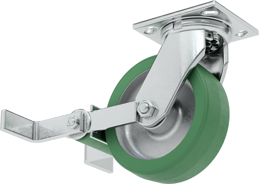 4-1/2“ x 4” Plakalı Yüksek Kapasiteli Spartan Tekerlek, Frenli Döner Tekerlek, 6 inç Çapında Açık Rulmanlı Poliüretan Tekerlek
