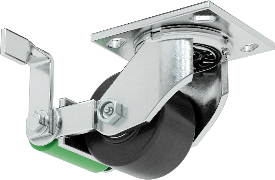 4-1/2“ x 4” Plakalı Yüksek Kapasiteli Spartan Tekerlek, Frenli Döner Tekerlek, 3-1/4" Çap Açık Rulmanlı Fenolik Tekerlek