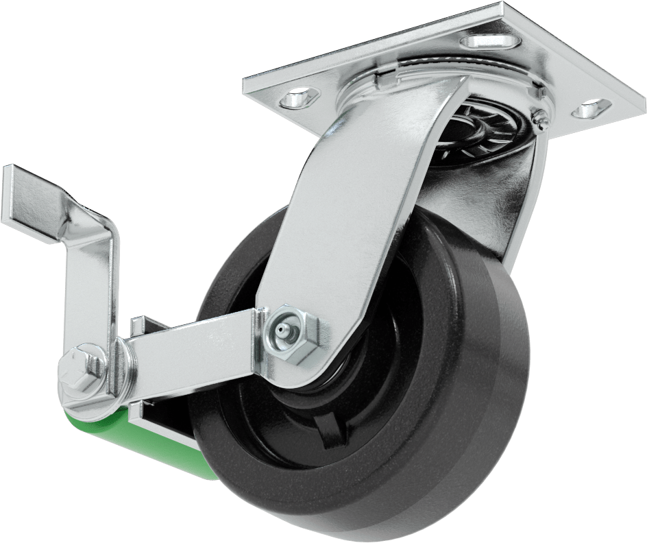 4-1/2“ x 4” Plakalı Yüksek Kapasiteli Spartan Tekerlek, Frenli Döner Tekerlek, 5" Çapında Açık Rulmanlı Fenolik Tekerlek