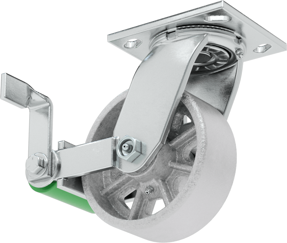 4-1/2“ x 4” Plakalı Yüksek Kapasiteli Spartan Tekerlek, Frenli Döner Tekerlek ve 5" Çapında Açık Rulmanlı Metal Tekerlek