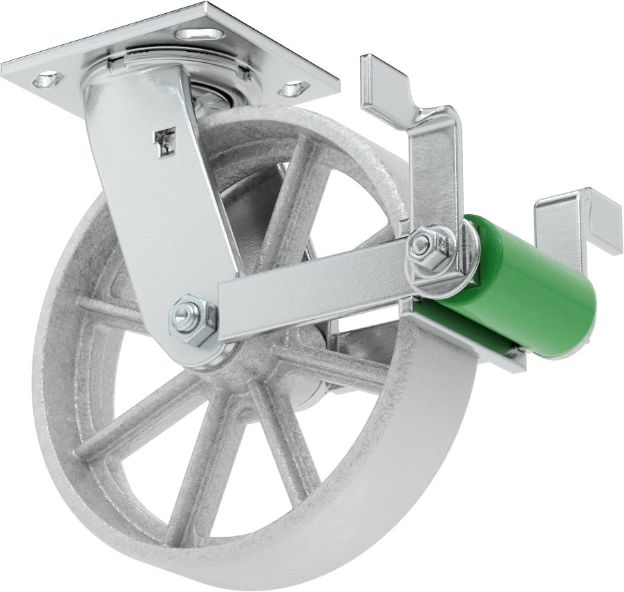 4-1/2“ x 4” Plakalı Yüksek Kapasiteli Spartan Tekerlek, Frenli ve 8 inç Çapında Açık Rulmanlı Metal Tekerlekli Döner Ayak