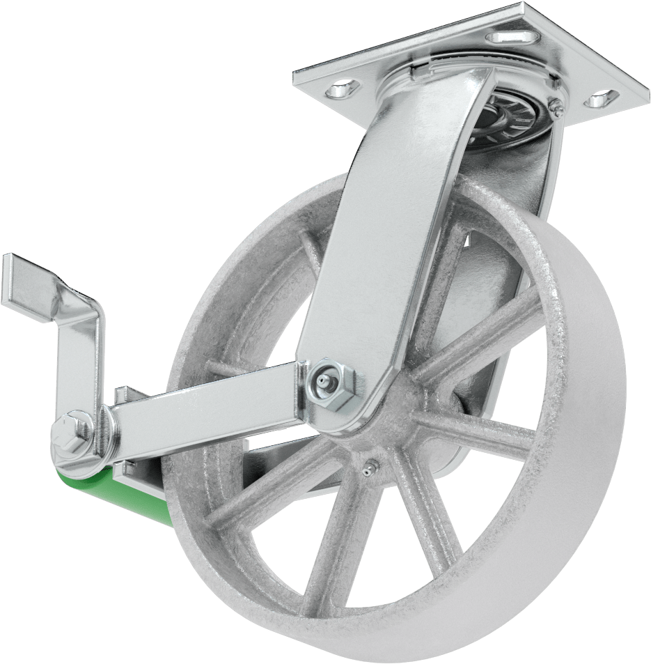 4-1/2“ x 4” Plakalı Yüksek Kapasiteli Spartan Tekerlek, Frenli ve 8 inç Çapında Açık Rulmanlı Metal Tekerlekli Döner Ayak