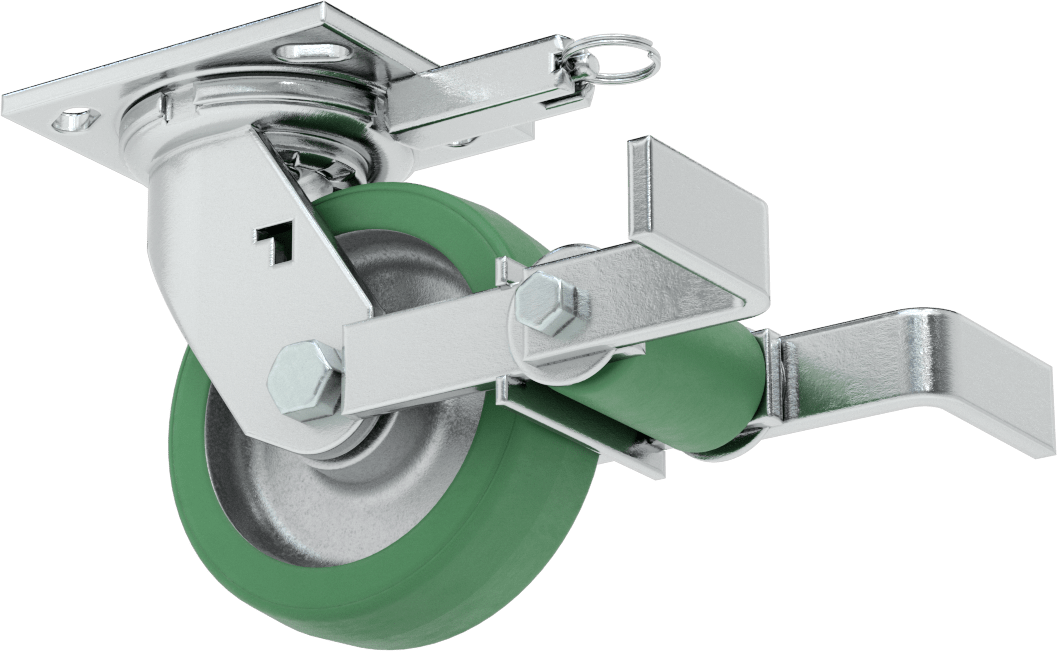 4-1/2“ x 4” Plakalı Yüksek Kapasiteli Spartan Tekerlek, Kilitli Döner Ayak, 5“ x 1-1/2” Açık Rulmanlı Poliüretan Tekerlek