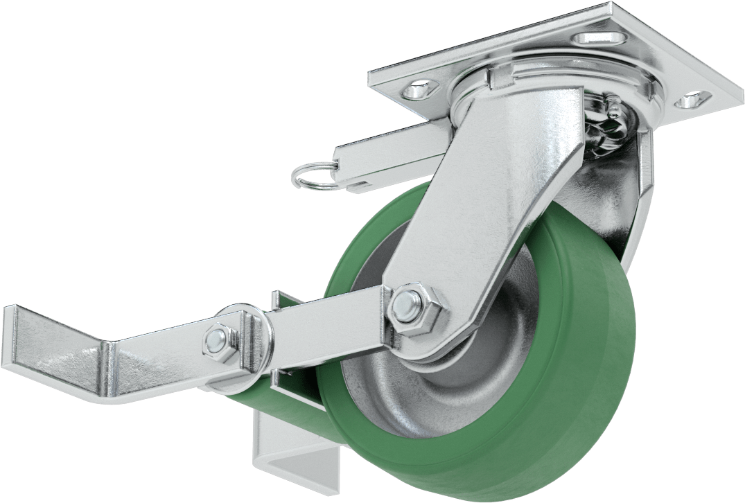 4-1/2“ x 4” Plakalı Yüksek Kapasiteli Spartan Tekerlek, Kilitli Döner Ayak, 5“ x 2” Açık Rulmanlı Poliüretan Tekerlek