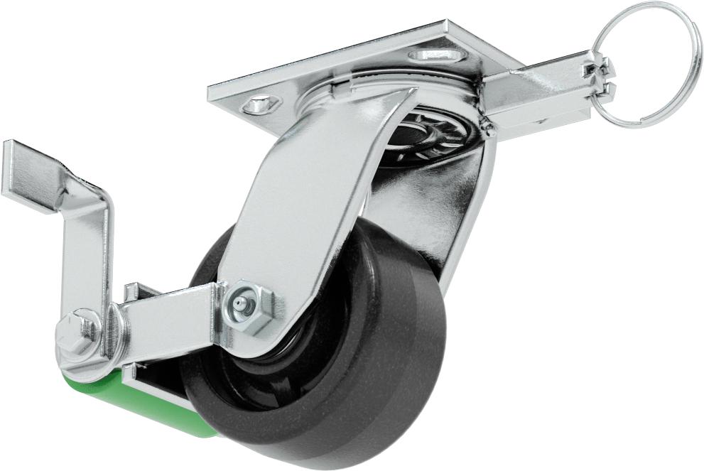 4-1/2“ x 4” Plakalı Yüksek Kapasiteli Spartan Tekerlek, Kilitli Döner Ayak, 4" Çaplı Açık Rulmanlı Fenolik Tekerlek
