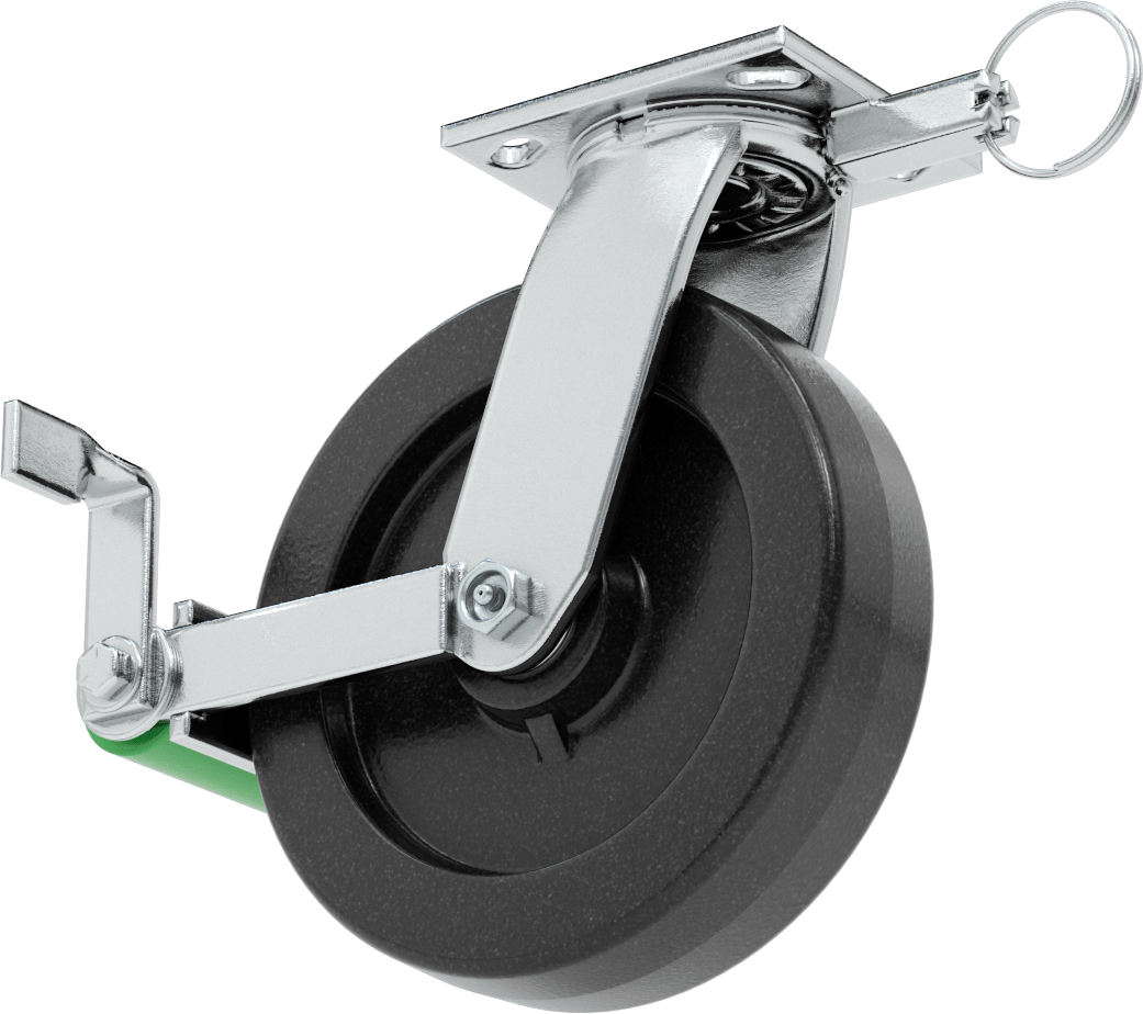 4-1/2“ x 4” Plakalı Yüksek Kapasiteli Spartan Tekerlek, Kilitli Döner Ayak, 8" Çaplı Açık Rulmanlı Fenolik Tekerlek