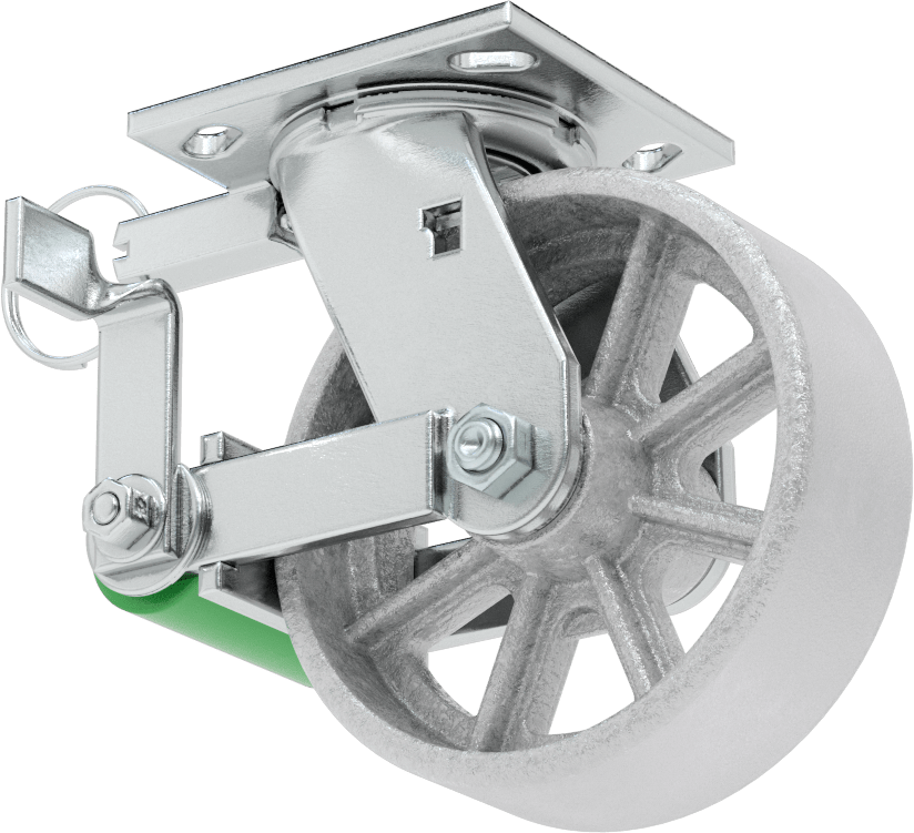 4-1/2“ x 4” Plakalı Yüksek Kapasiteli Spartan Tekerlek, Frenli ve Döner Kilitli Döner Tekerlek, 6 inç Çapında Açık Rulmanlı Metal Tekerlek