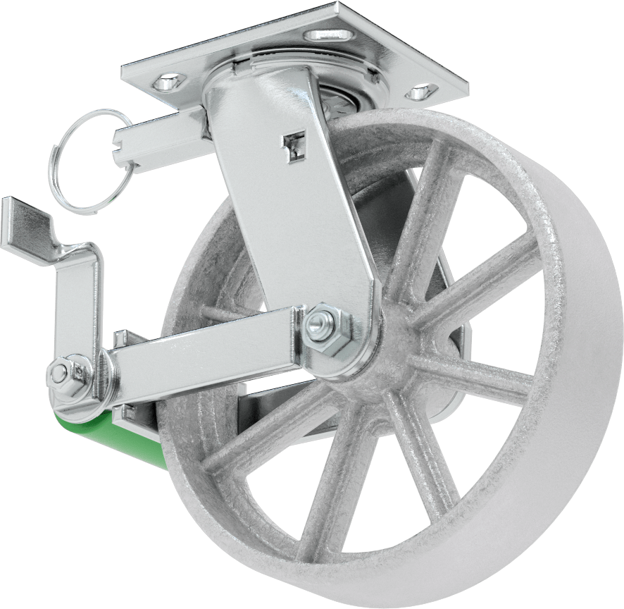 4-1/2“ x 4” Plakalı Yüksek Kapasiteli Spartan Tekerlek, Frenli ve Döner Kilitli Döner Tekerlek, 8 inç Çapında Açık Rulmanlı Metal Tekerlek