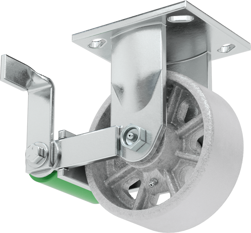 4-1/2“ x 4” Plakalı Yüksek Kapasiteli Spartan Tekerlek, Frenli ve 5 inç Çapında Açık Rulmanlı Metal Tekerlekli Sabit