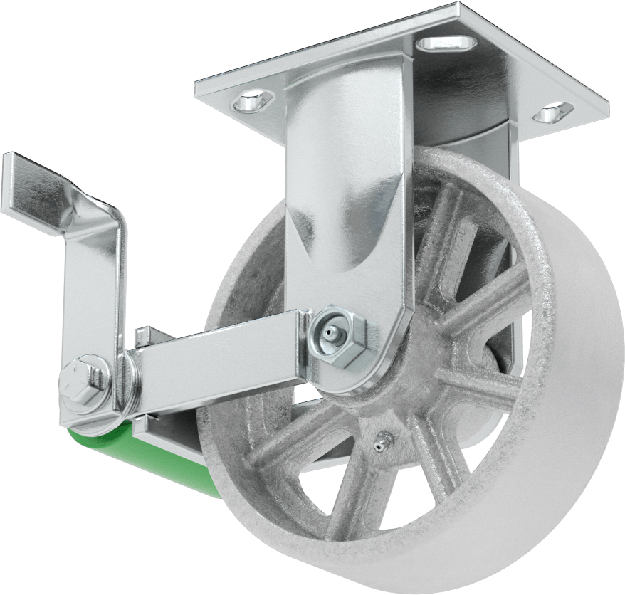 4-1/2“ x 4” Plakalı Yüksek Kapasiteli Spartan Tekerlek, Frenli ve 6 inç Çapında Açık Rulmanlı Metal Tekerlekli Sert