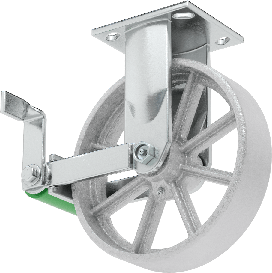4-1/2“ x 4” Plakalı Yüksek Kapasiteli Spartan Tekerlek, Frenli ve 8 inç Çapında Açık Rulmanlı Metal Tekerlekli Sert