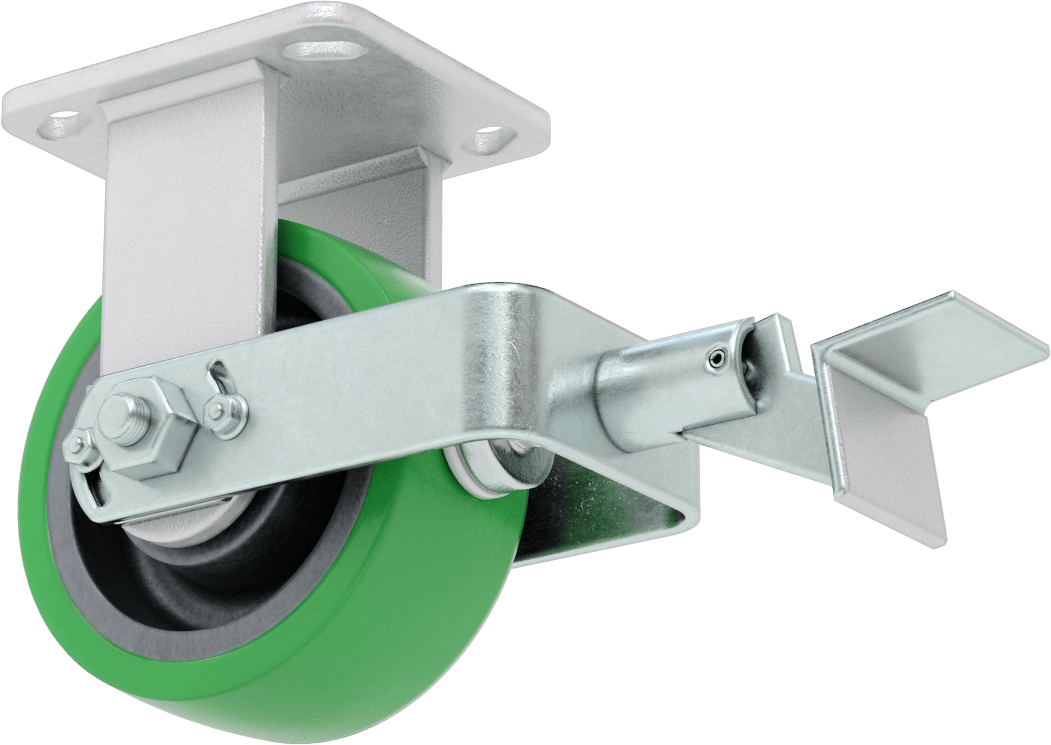 Yüksek Kapasiteli Kingston Tekerlek, 4-1/2“ x 4” Plaka, Fren ve 5" Çapında Yeşil Poliüretan Tekerlek