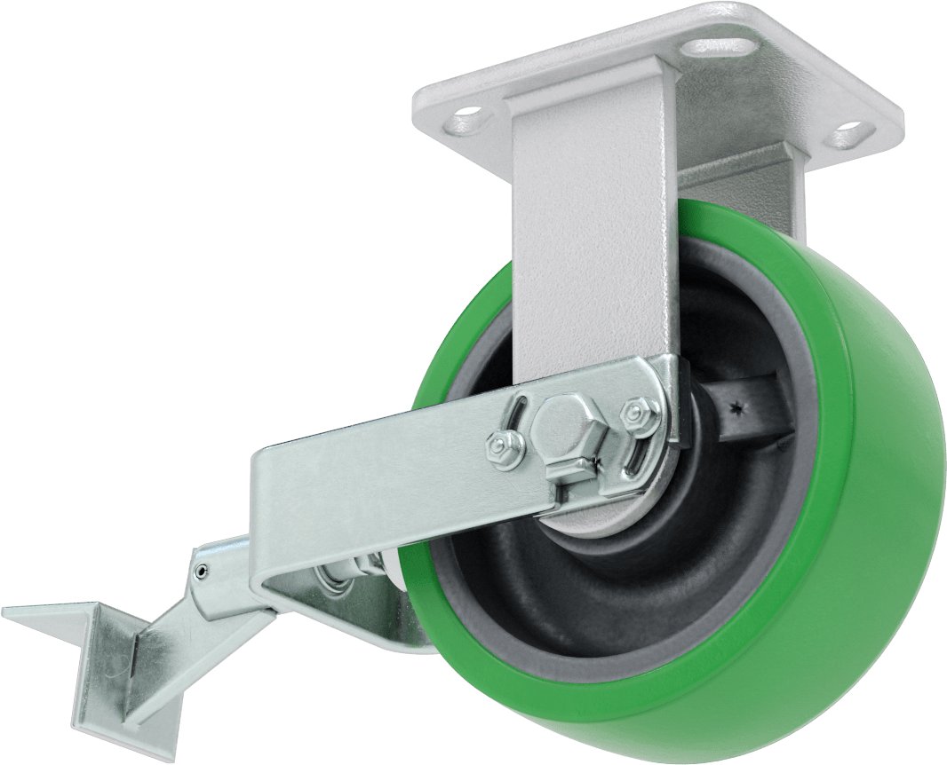 Yüksek Kapasiteli Kingston Tekerlek, 4-1/2“ x 4” Plaka, Fren ve 6 inç Çapında Yeşil Poliüretan Tekerlek