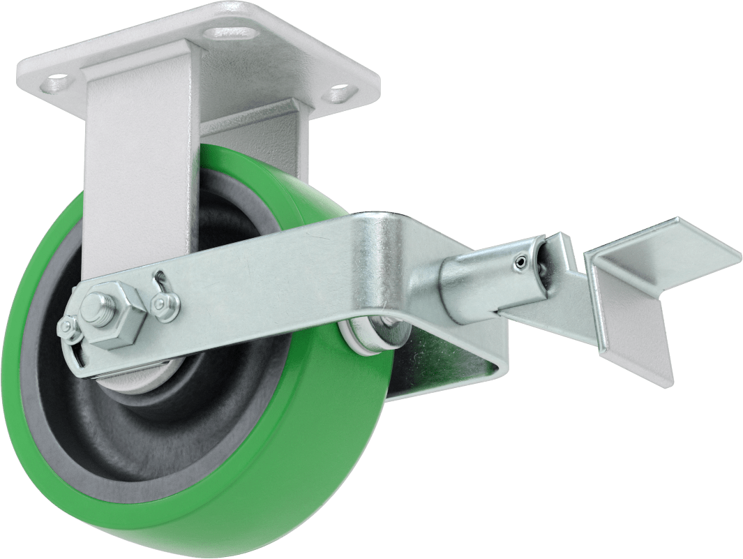 Yüksek Kapasiteli Kingston Tekerlek, 4-1/2“ x 4” Plaka, Fren ve 6 inç Çapında Yeşil Poliüretan Tekerlek