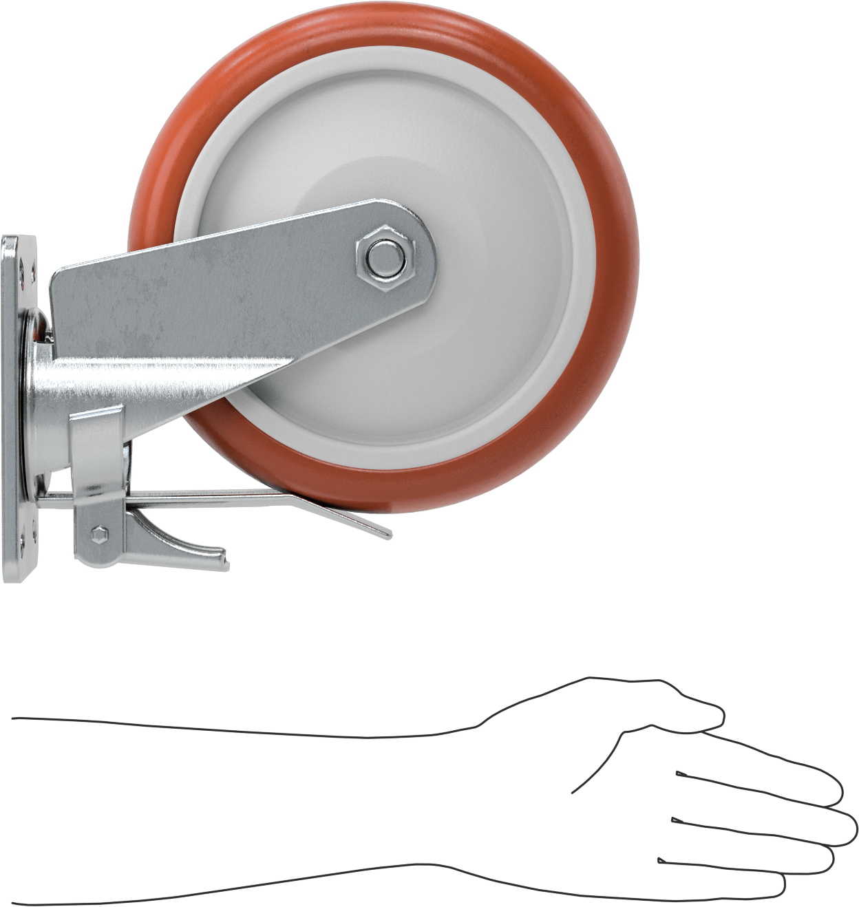 6-5/8“ x 4-3/4” Plakalı Kolay Dönen Tekerlek, Yüksek Kapasiteli, Frenli ve 10" Çapında Kırmızı Poliüretan Tekerlekli Döner