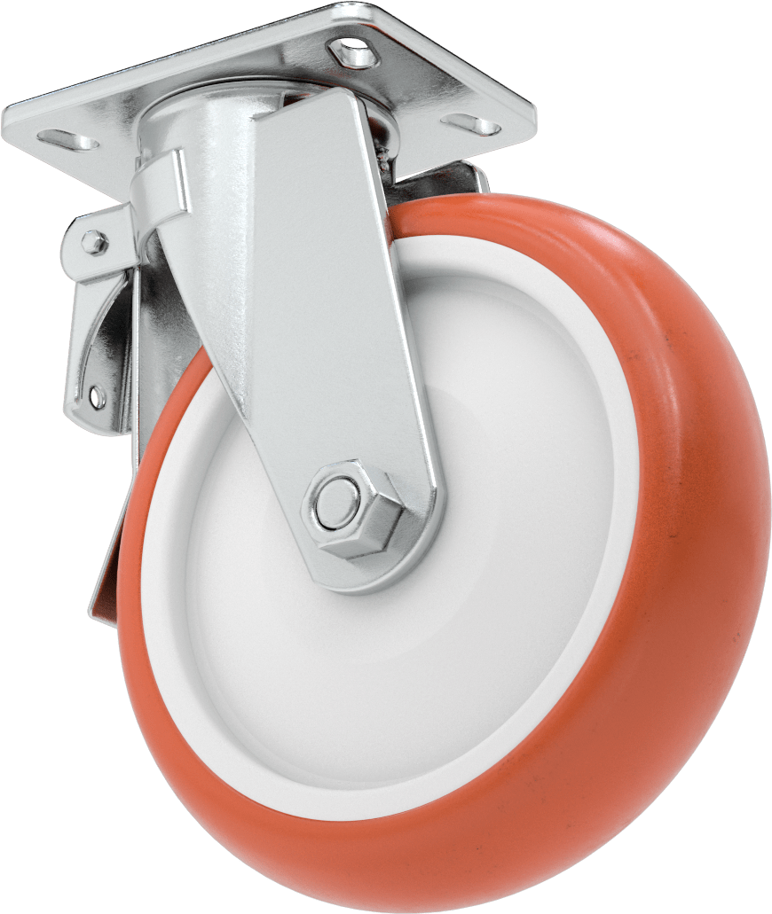 6-5/8“ x 4-3/4” Plakalı Kolay Dönen Tekerlek, Yüksek Kapasiteli, Frenli ve 10" Çapında Kırmızı Poliüretan Tekerlekli Döner