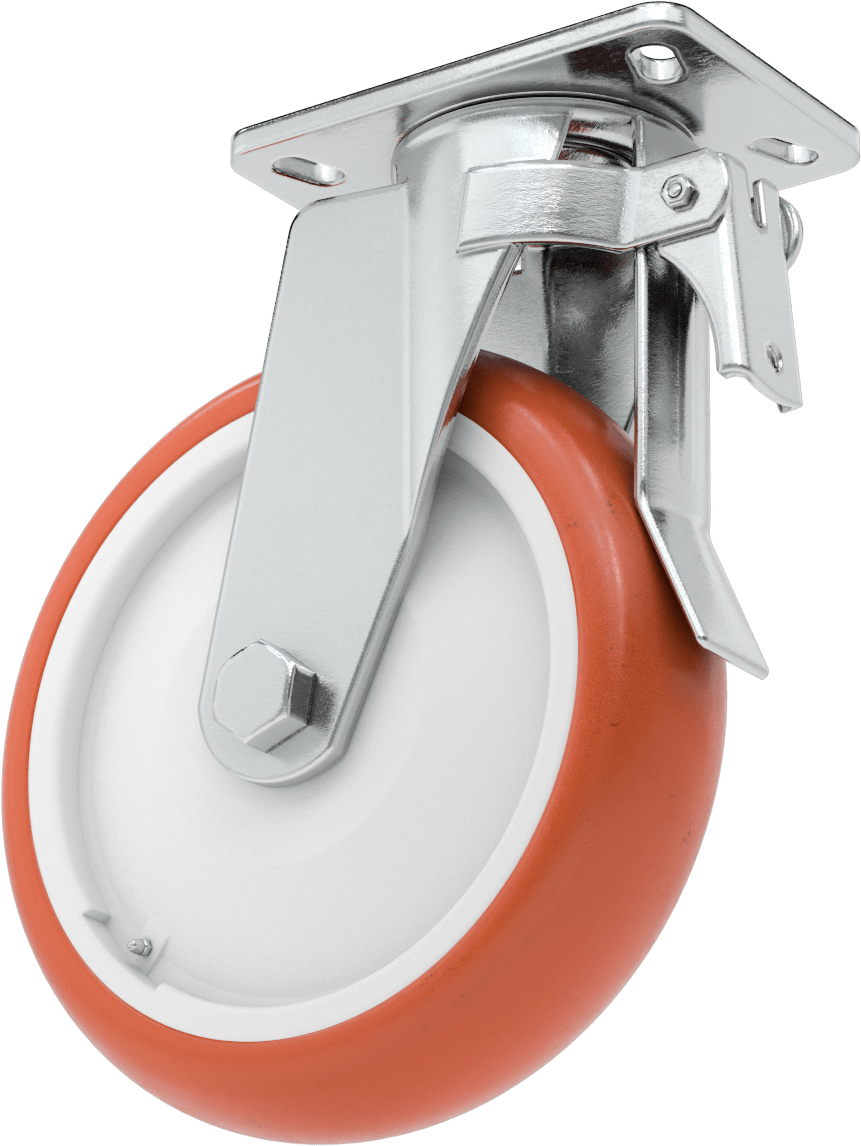 6-5/8“ x 4-3/4” Plakalı Kolay Dönen Tekerlek, Yüksek Kapasiteli, Frenli ve 10" Çapında Kırmızı Poliüretan Tekerlekli Döner
