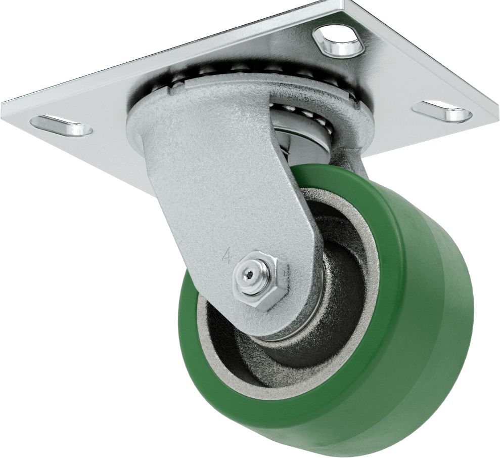Yüksek Kapasiteli Spartan Tekerlek, 6-1/4“ x 4-1/2” Plaka, Döner, 4" Çaplı Poliüretan Tekerlek