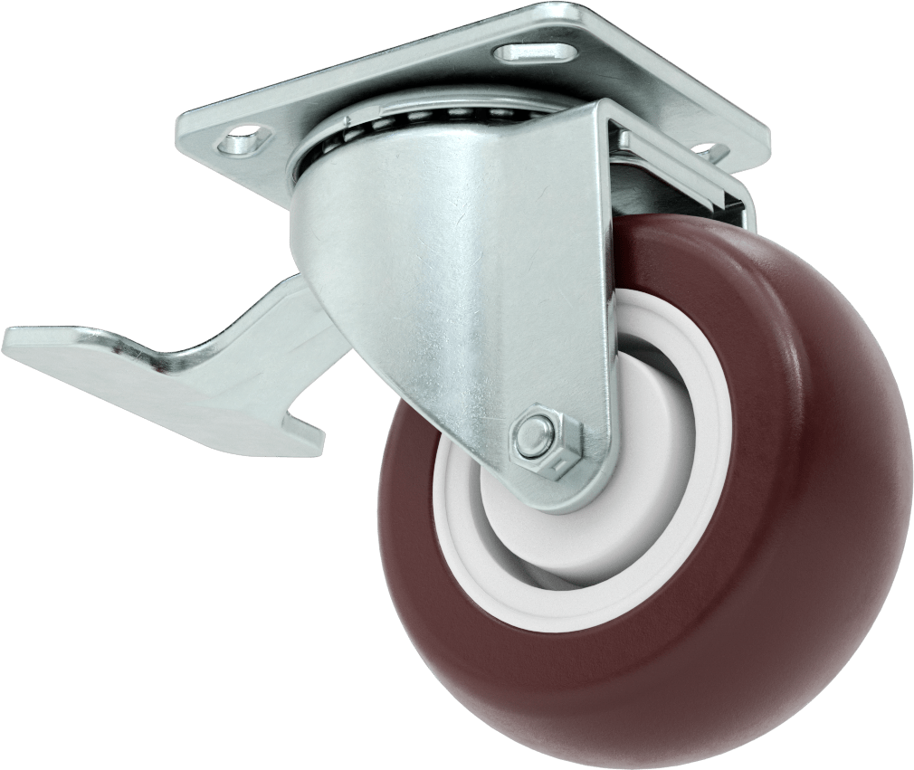 4-5/8“ x 3-3/4” Plakalı Kolay Dönen Tekerlek, Yüksek Kapasiteli, Kilitli ve 5 inç Çapında Kırmızı Poliüretan Tekerlekli Döner Ayak