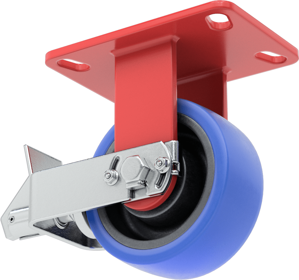 6-1/2“ x 4-1/2” Plakalı Yüksek Kapasiteli Kingston Tekerlek, Frenli ve 5 inç Çaplı Mavi Poliüretan Tekerlekli Sabit