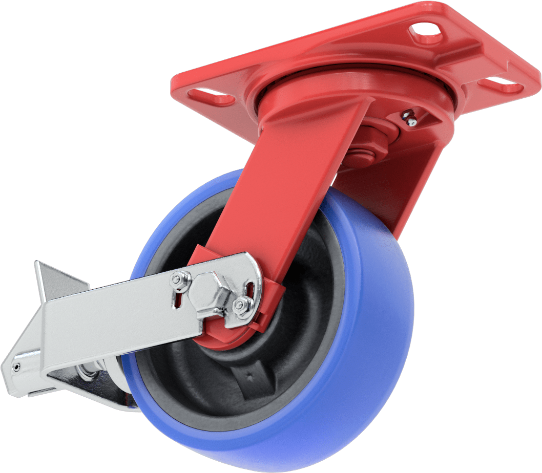 6-1/2“ x 4-1/2” Plakalı Yüksek Kapasiteli Kingston Tekerlek, Frenli Döner Tekerlek ve 6" Çapında Mavi Poliüretan Tekerlek