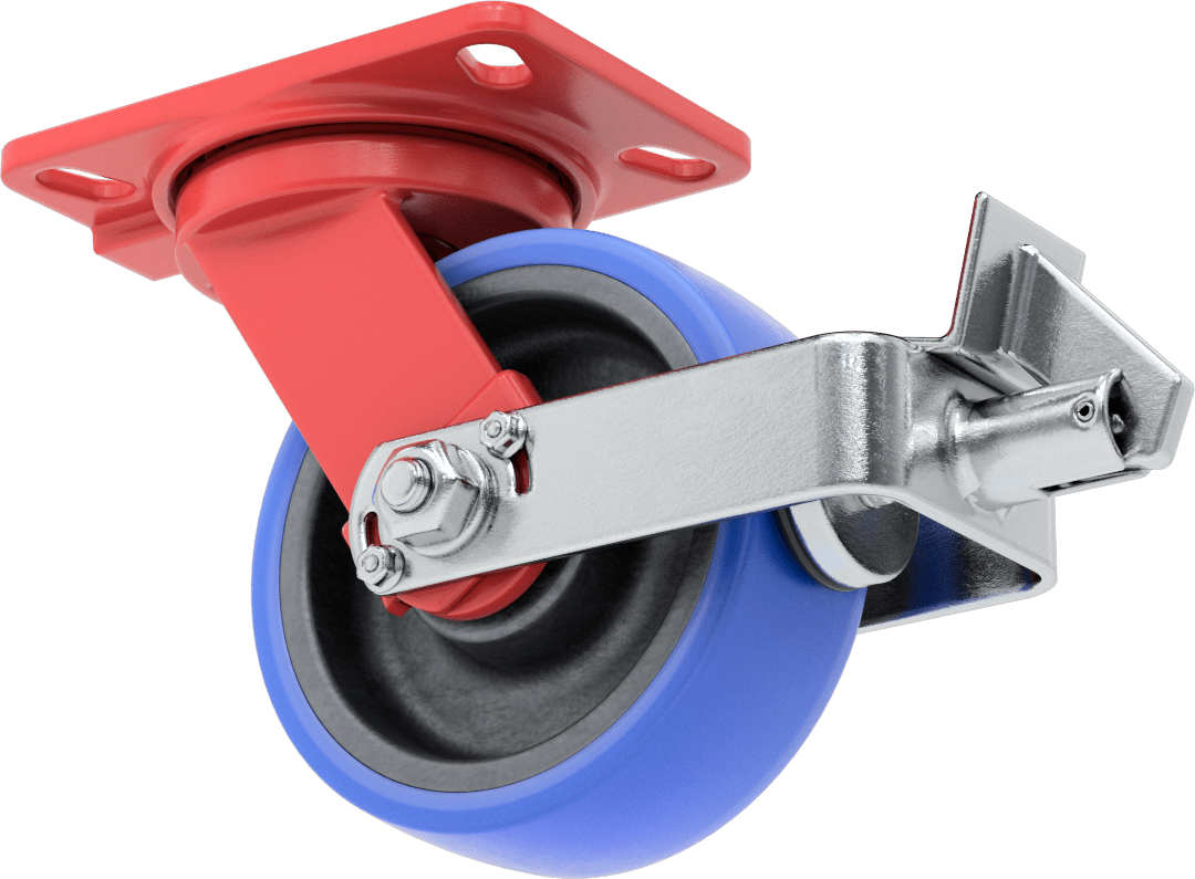 6-1/2“ x 4-1/2” Plakalı Yüksek Kapasiteli Kingston Tekerlek, Frenli Döner Tekerlek ve 6" Çapında Mavi Poliüretan Tekerlek