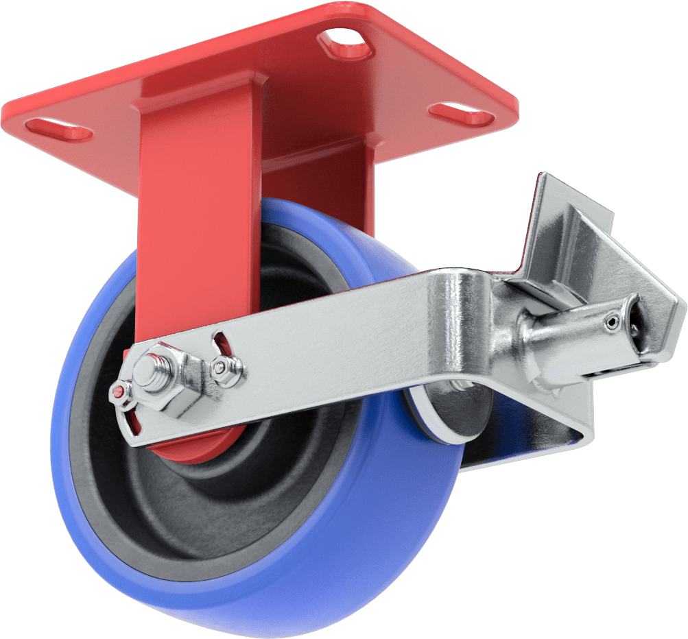 6-1/2“ x 4-1/2” Plakalı Yüksek Kapasiteli Kingston Tekerlek, Frenli ve 6" Çapında Mavi Poliüretan Tekerlekli Sert