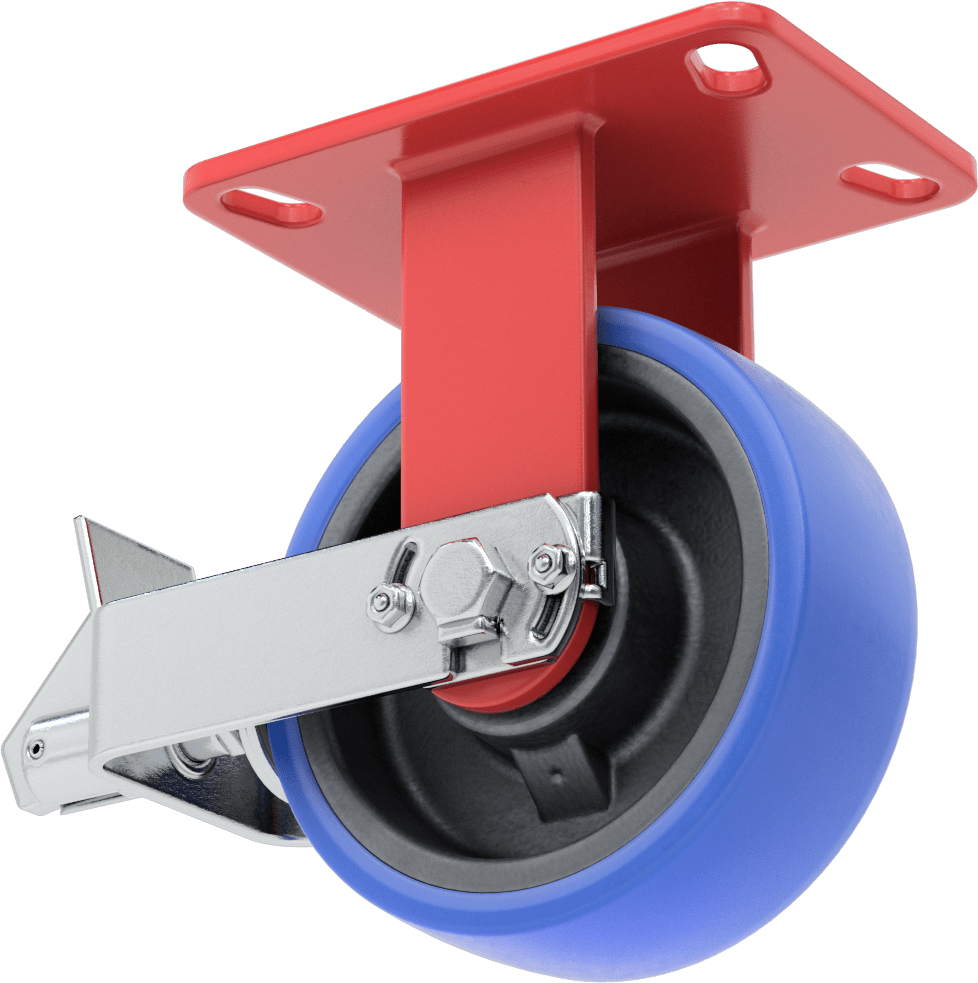 6-1/2“ x 4-1/2” Plakalı Yüksek Kapasiteli Kingston Tekerlek, Frenli ve 6" Çapında Mavi Poliüretan Tekerlekli Sert