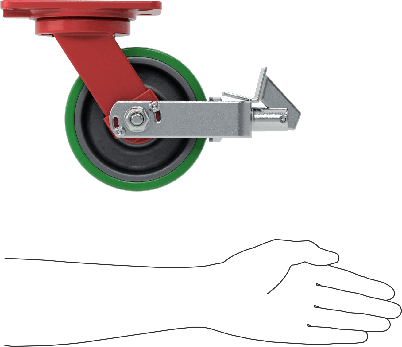 6-1/2“ x 4-1/2” Plakalı Yüksek Kapasiteli Kingston Tekerlek, Frenli Döner Ayak ve 6 inç Çapında Yeşil Poliüretan Tekerlek