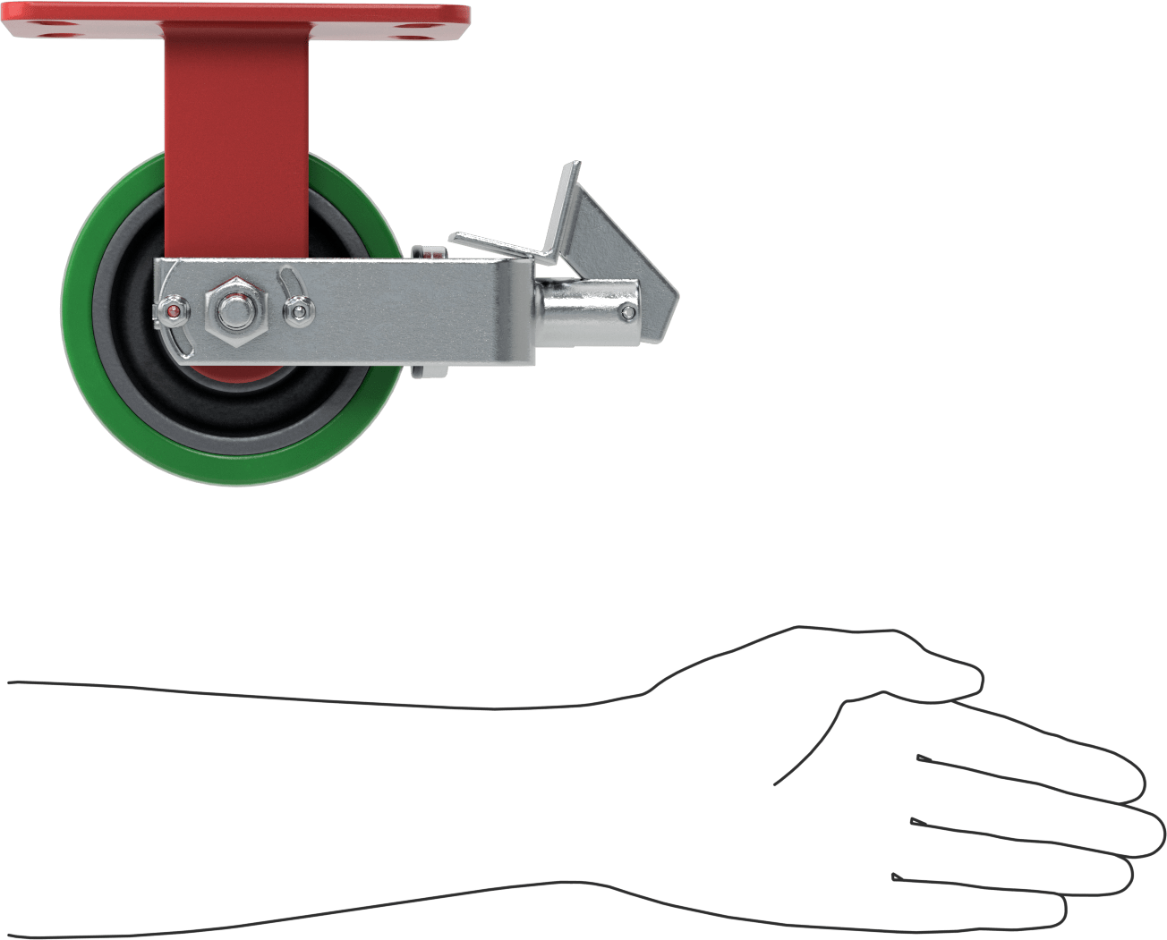 6-1/2“ x 4-1/2” Plakalı Yüksek Kapasiteli Kingston Tekerlek, Frenli ve 5 inç Çapında Yeşil Poliüretan Tekerlekli Sabit
