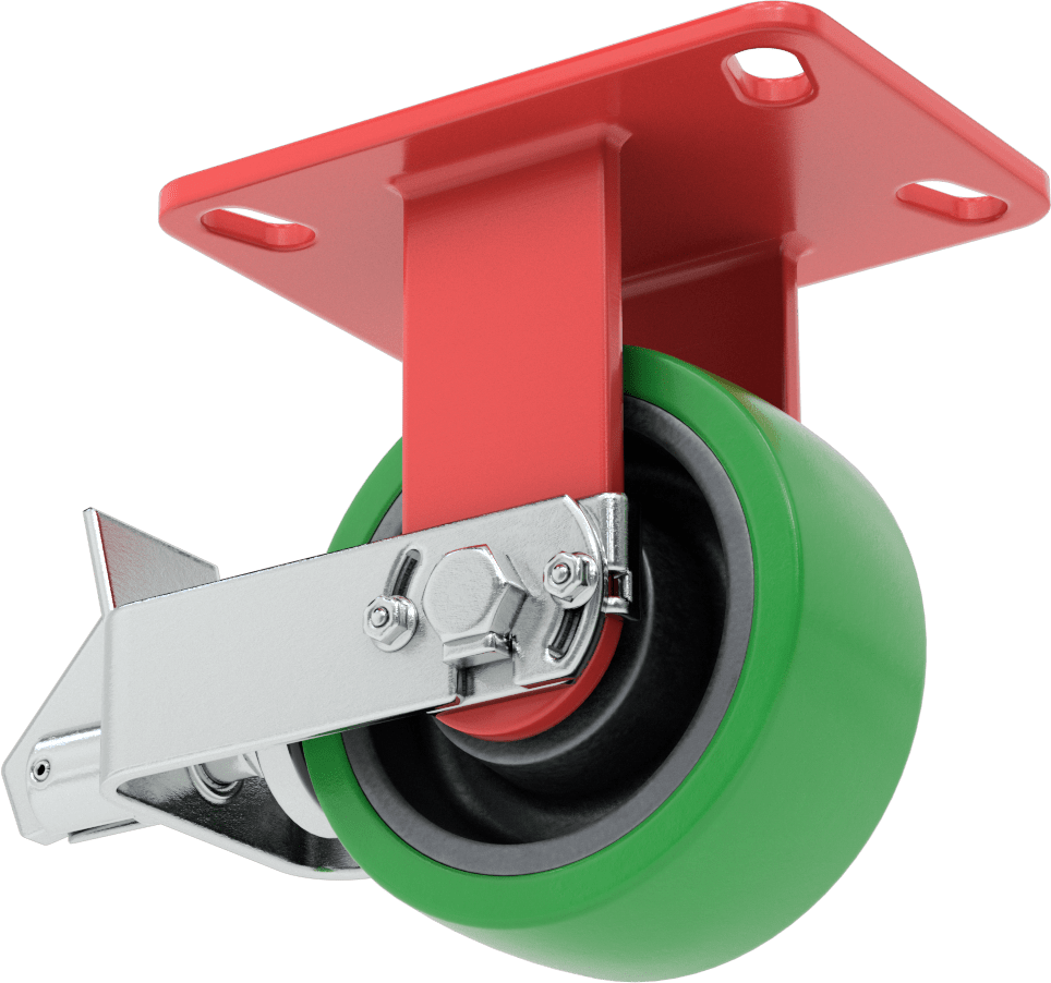 6-1/2“ x 4-1/2” Plakalı Yüksek Kapasiteli Kingston Tekerlek, Frenli ve 5 inç Çapında Yeşil Poliüretan Tekerlekli Sabit