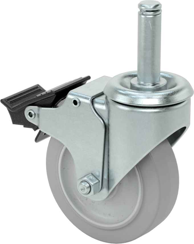 Sürtünmeli Tutuşlu Mil Dönüşlü Tekerlek, Tutma Halkalı, Total Lock ve 4" Çapında 65A Kauçuk Tekerlek