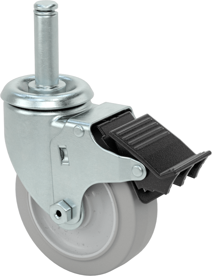 Sürtünmeli Tutuşlu Mil Dönüşlü Tekerlek, Tutma Halkalı, Total Lock ve 4" Çapında 65A Kauçuk Tekerlek