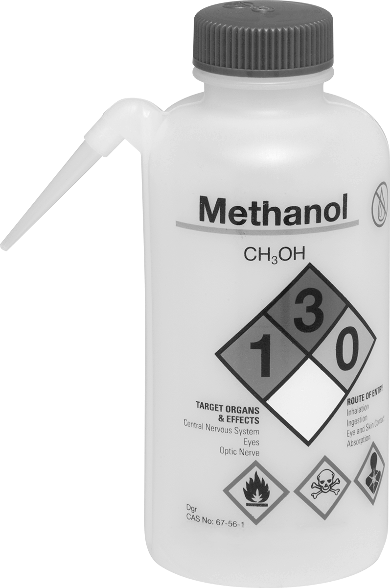 Ayrı Açılı Nozullu Sıkma Şişesi, NFPA Elmas, (Metanol), 16 FL. oz Kapasite, 6-7/8" Yükseklik