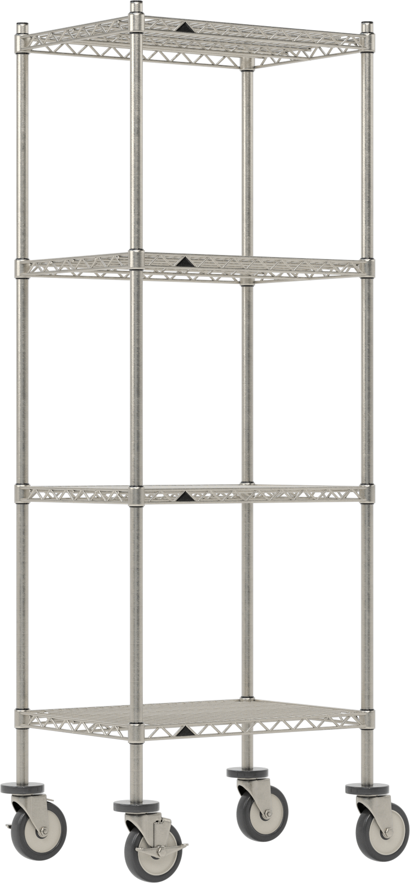 Mobil Ağır Hizmet Tipi Tel Raf, Bölünmüş Manşonlu ve 4 Raflı, Paslanmaz Çelik, 24" x 69.5" x 18"
