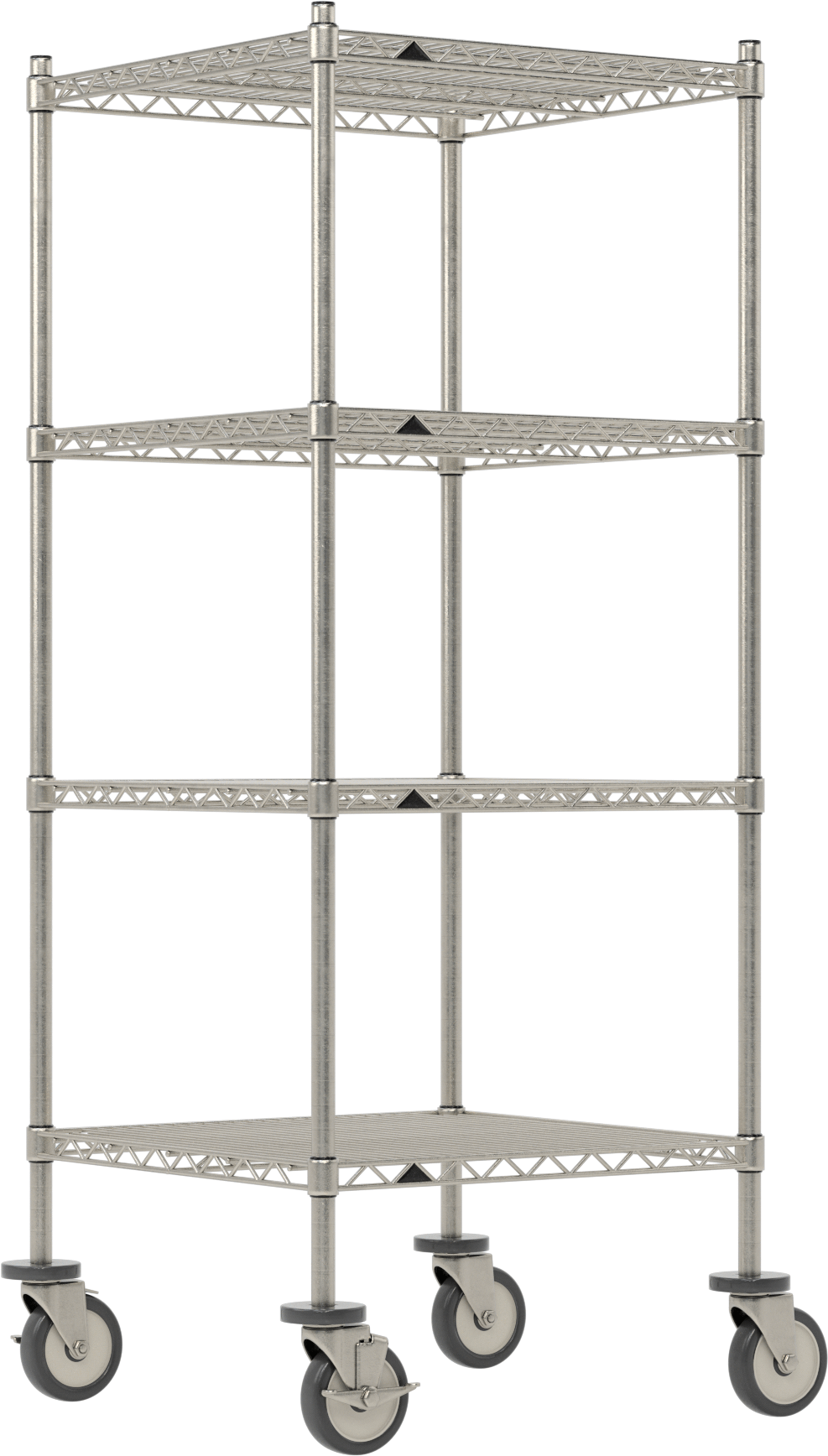 Mobil Ağır Hizmet Tipi Tel Raf, Bölünmüş Manşonlu ve 4 Raflı, Paslanmaz Çelik, 24" x 61.5" x 24"